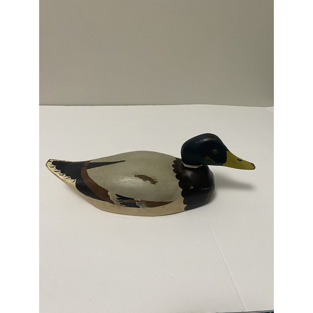 Vintage Early Tom Taber Hand Carved Stained Wooden Duck Decoy With Distressing
